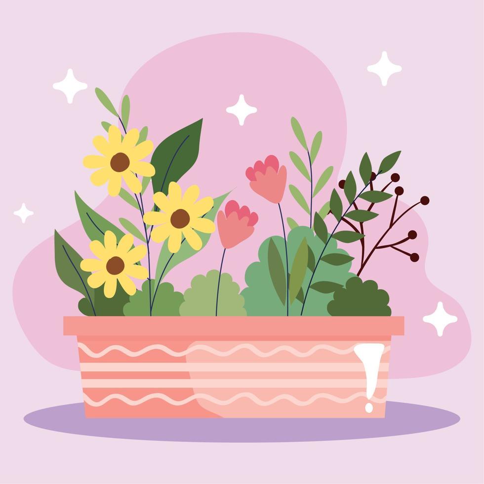 beautiful flowers garden in ceramic pot and stars vector