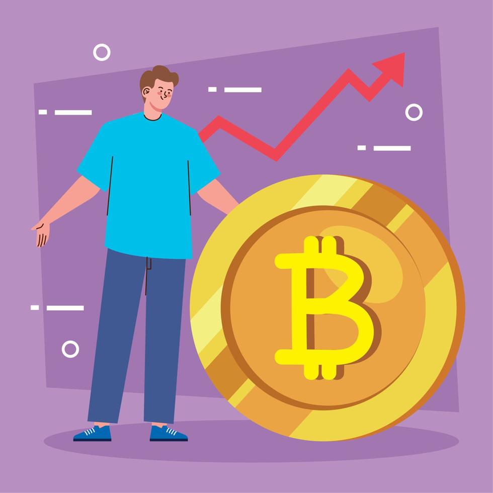 man and arrow with bitcoin vector