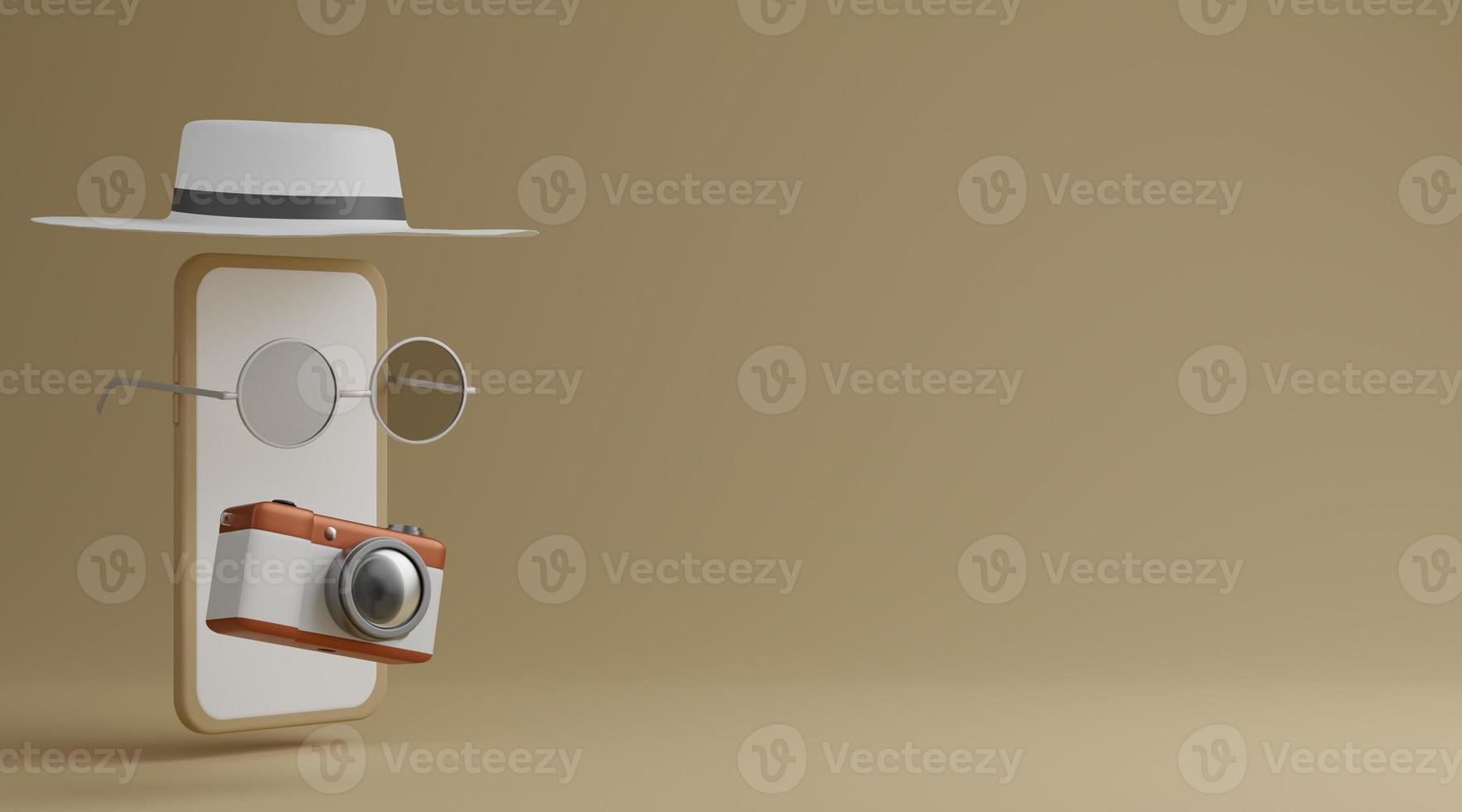 White screen mobile, sunglasses, hat and camera over brown background travel concept. 3d rendering photo