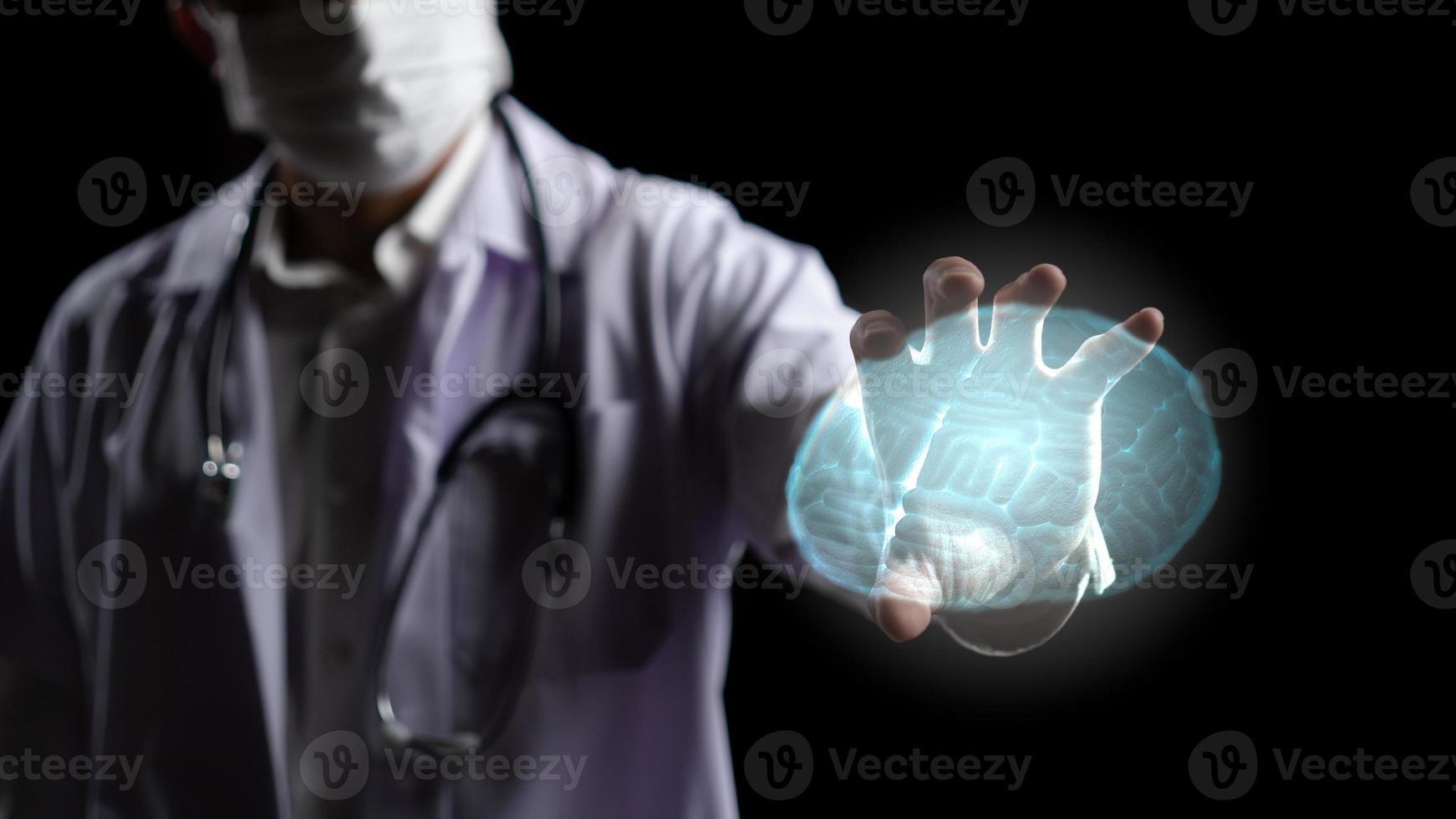 Doctor hand with graphics of transparent human brain structure. 3D rendering photo