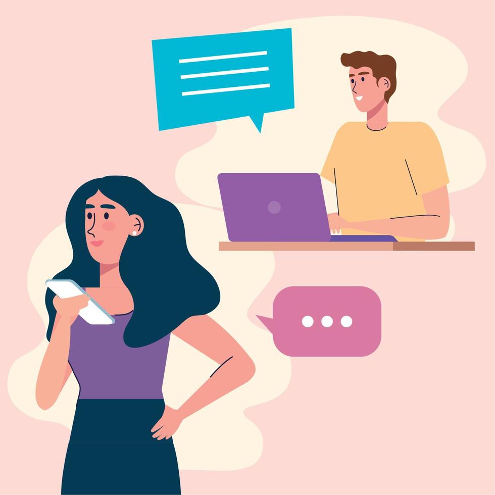 young couple using smartphone and laptop technology vector