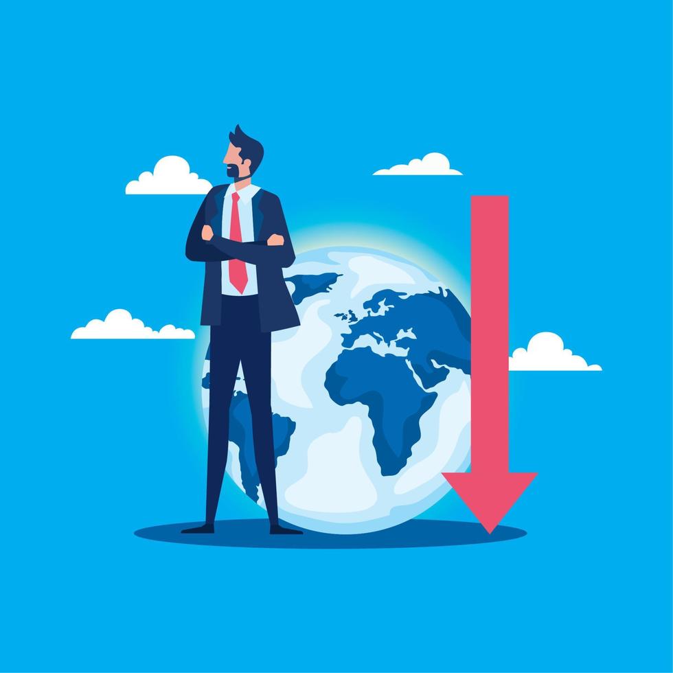 elegant businessman with earth planet and arrow down vector