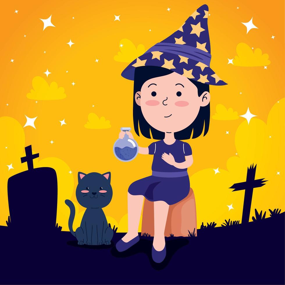 bruja y gato en el cementerio vector