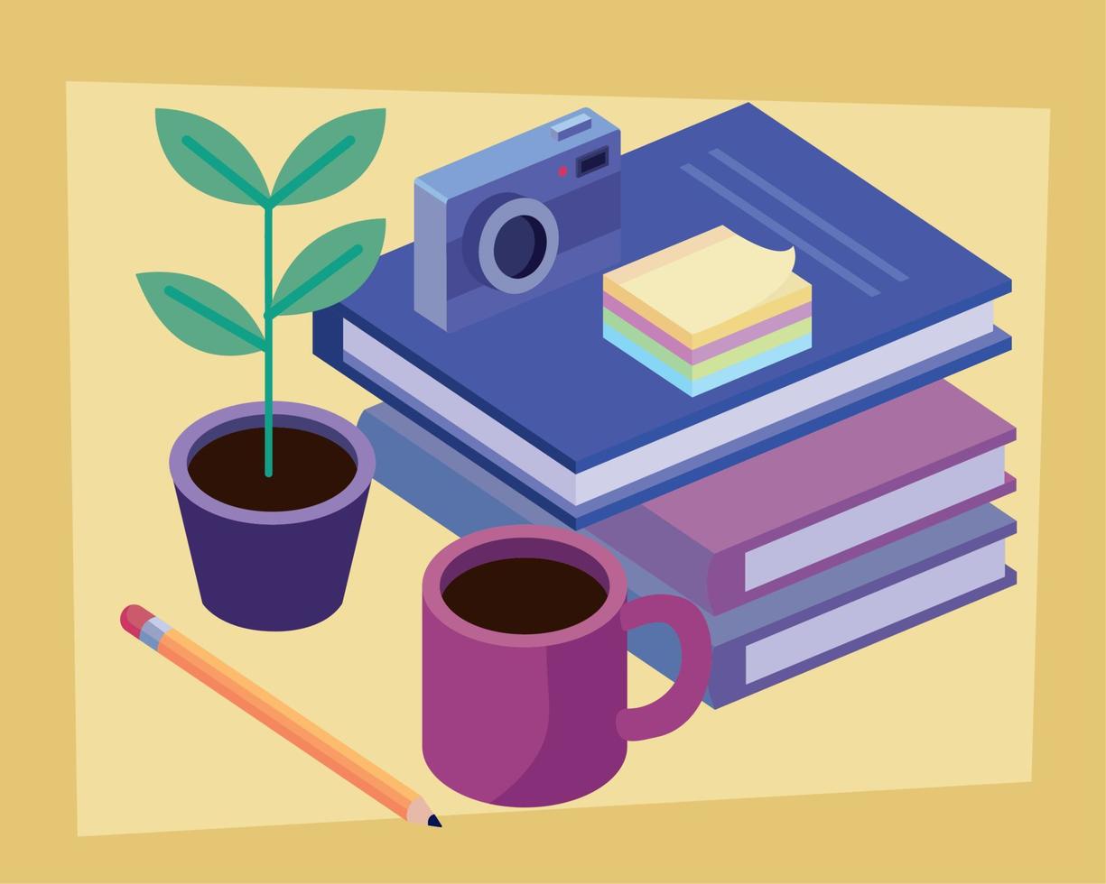 text books with camera and coffee vector