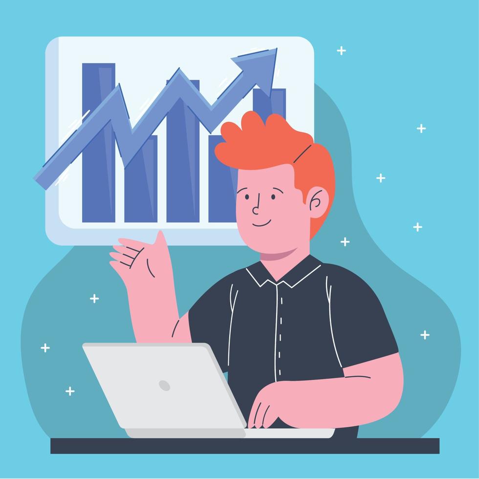 business man using laptop and statistics vector