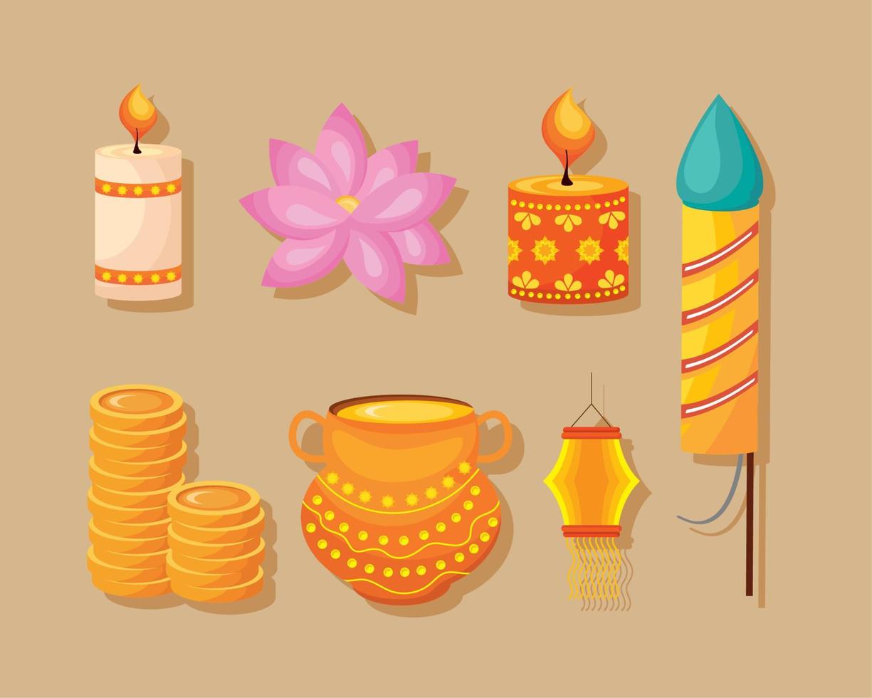 siete iconos de celebración de diwali vector