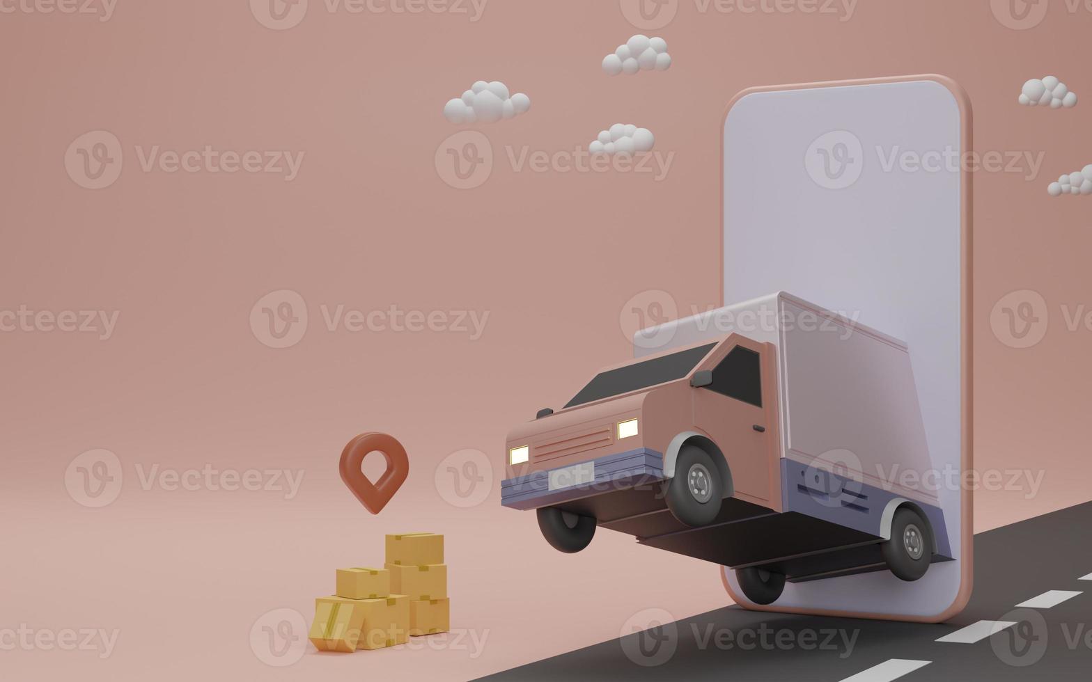 Online delivery service app concept, Delivery van and mobile phone with pin on house. 3D rendering photo