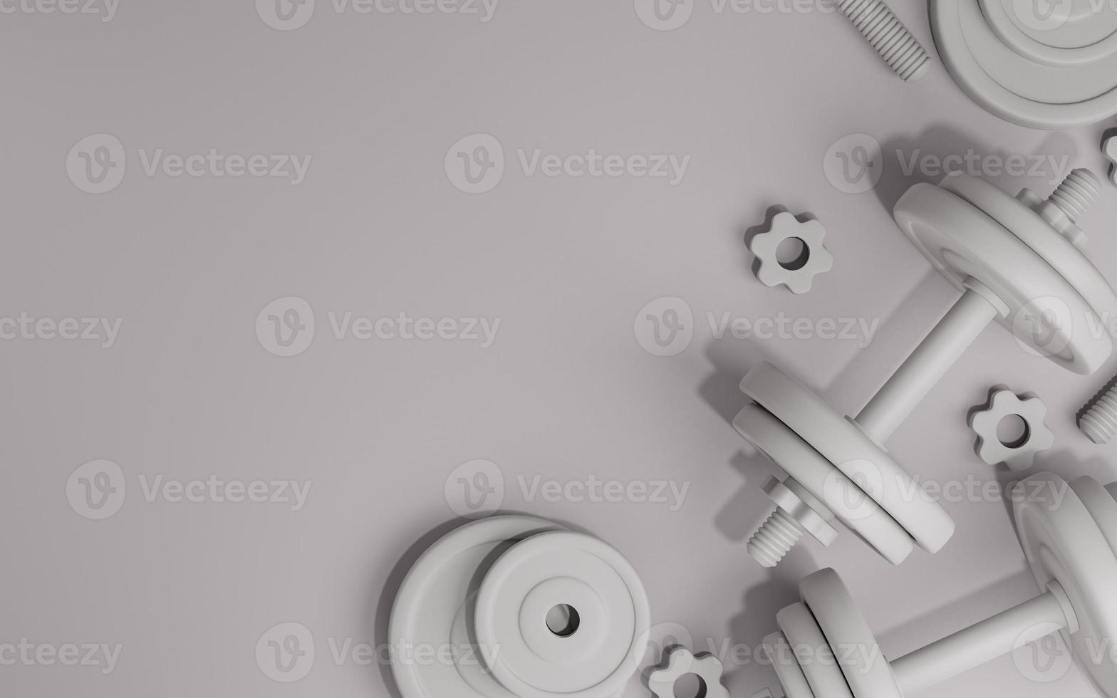 Sport fitness equipment, plates metal dumbbell or barbell on white color background, 3D rendering. photo