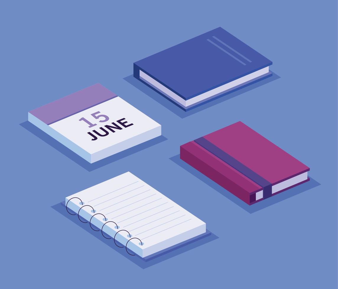 books and calendar isometric workspace set icons vector