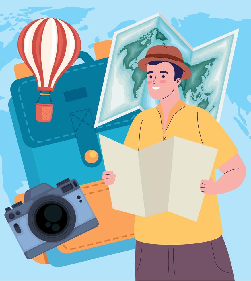 male traveler with travel equipment vector