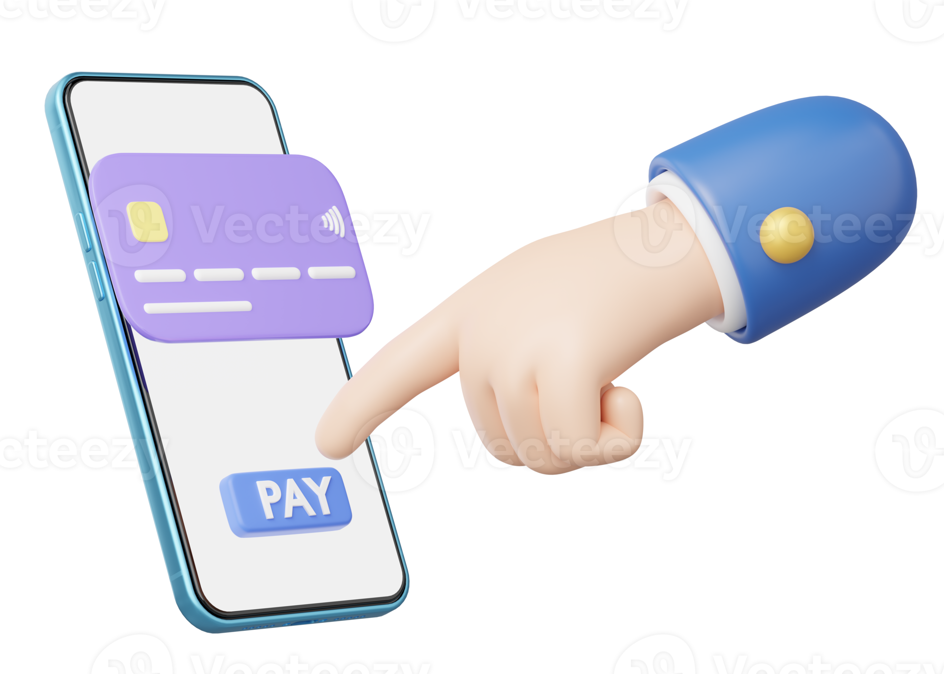 3D Hand press pay button icon. Phone with credit card float on