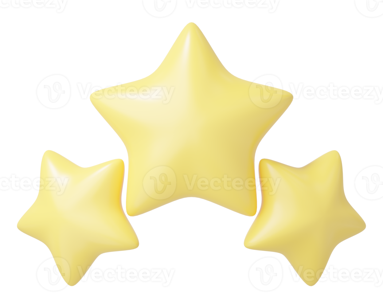 3d 3 tur- stjärna ikon. tre söt slät gul stjärnor glansig isolerat på transparent. ny prestationer. topp betyg från respons kund. ui tecknad serie för spel minimal stil. 3d framställa illustration png