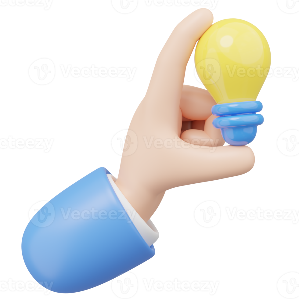 3D hand holding yellow lightbulb on transparent. Business creative idea, Great ideas competition, brainstorm thinking in work, Success education concept. Cartoon icon style. 3d render illustration png