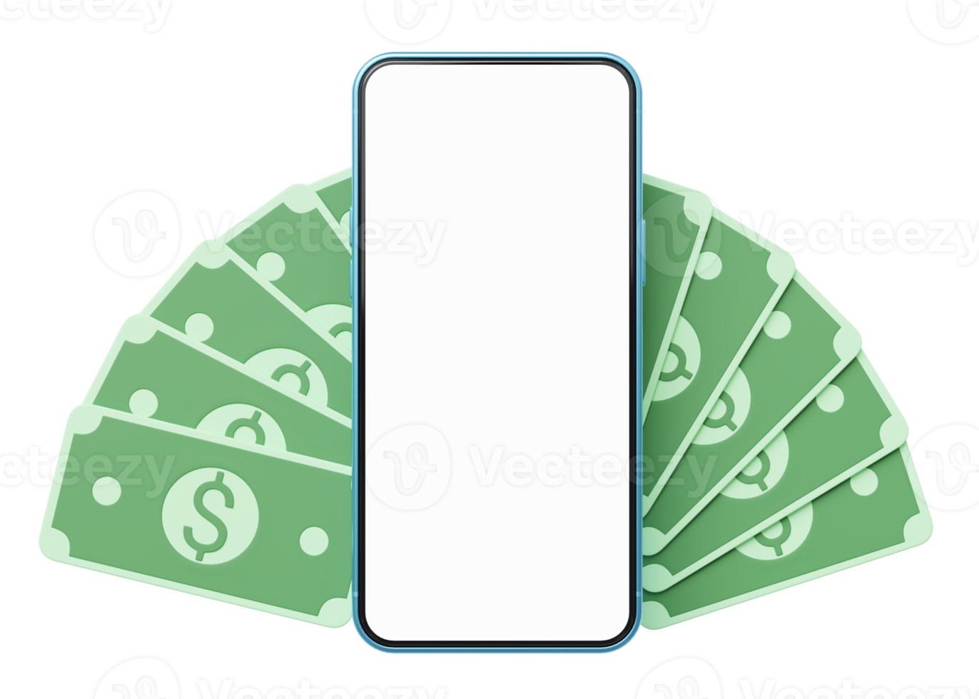 Phone with cash money floating on transparent. Mobile banking and Online payment service. Saving money wealth. Business cartoon style. Smartphone blank white screen. Money transfer. 3d icon render png