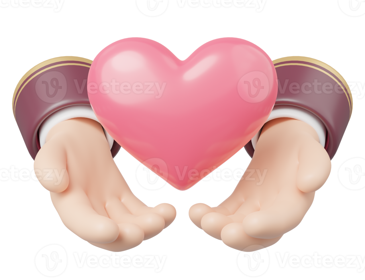 3d mano que sostiene el icono del corazón. flotador de corazón rosa de dibujos animados en el brazo rojo aislado en transparente. dar o enviar amor. día de san valentín, día mundial de la salud, donación y concepto de seguro familiar. Representación de iconos 3D. png