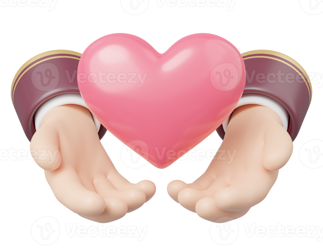 3D Hand holding heart icon. Cartoon pink heart float on red arm isolated on transparent. Give or send love. Valentine's Day, World health day, Donate and family insurance concept. 3D icon rendering. png