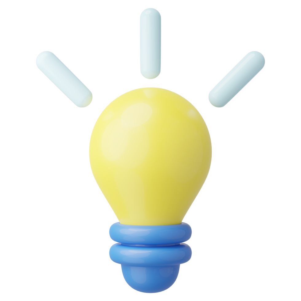 3D Yellow light bulb icon. Lamp with bright halo isolated on transparent. Creative idea, Business solution, Strategic thinking, New invention or innovation concept. Cartoon icon minimal. 3d render png