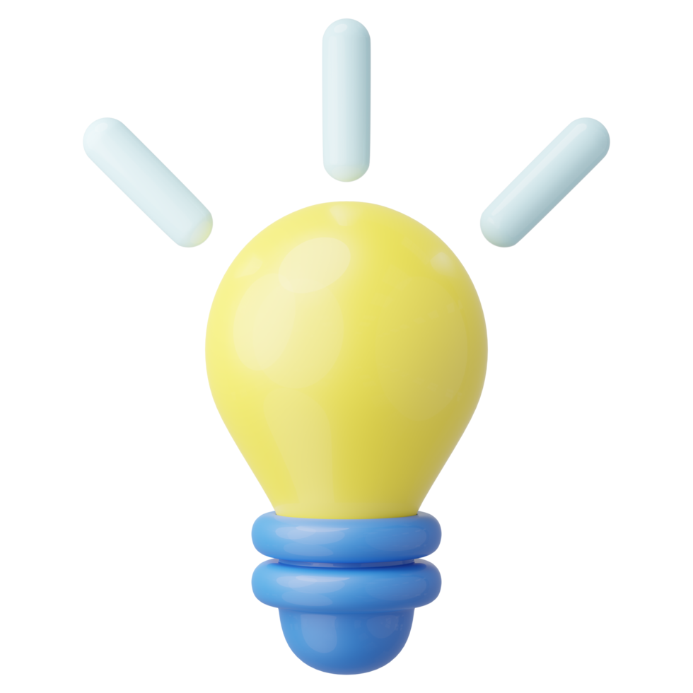 icono de bombilla de luz amarilla 3d. lámpara con halo brillante aislado en transparente. idea creativa, solución empresarial, pensamiento estratégico, nuevo invento o concepto de innovación. icono de dibujos animados mínimo. renderizado 3d png