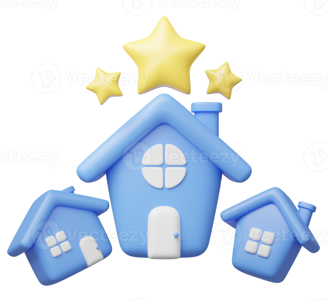 3D blue house, three star rating icon. 3 Cute home with symbol floating on transparent. Business investment, real estate, mortgage, loan concept. Cartoon icon minimal style. 3d render illustration png
