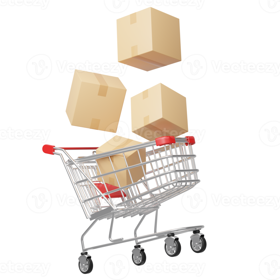 Brown box fell into shopping cart floating isolated on transparent. 3d Shop trolley realistic. Marketing online, E commerce, store app concept. Business cartoon style concept. 3d icon rendering. png