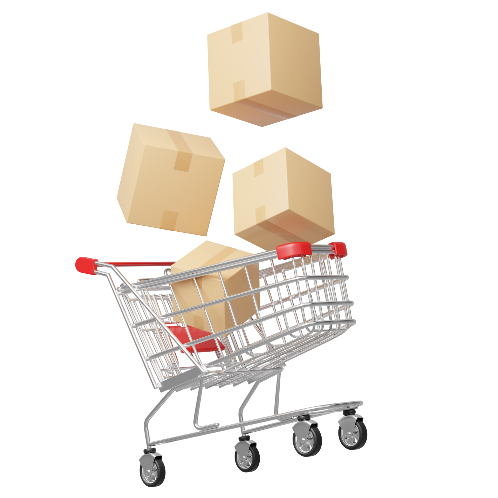 Brown box fell into shopping cart floating isolated on transparent. 3d