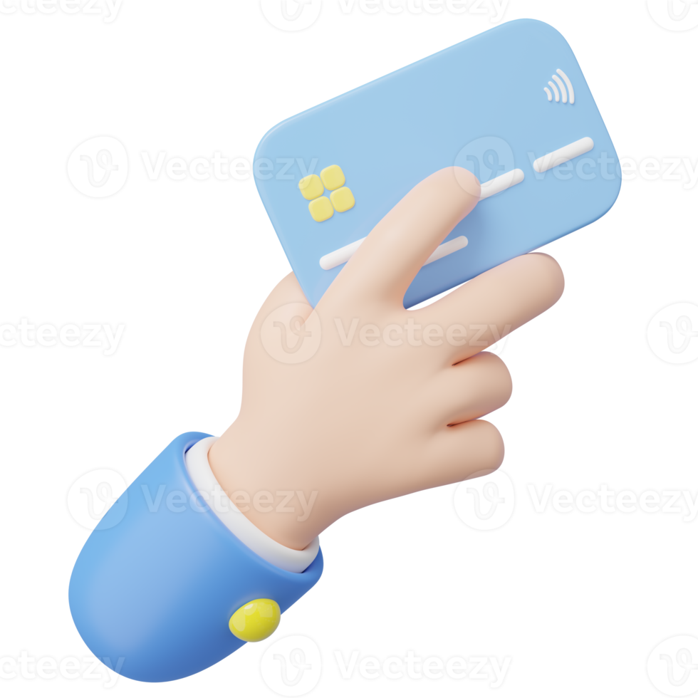 3D Hand holding Credit card and floating isolated on transparent. Online store credit card or debit cards accept. Withdraw money, Easy shopping, Cashless society concept. Cartoon minimal 3d render png