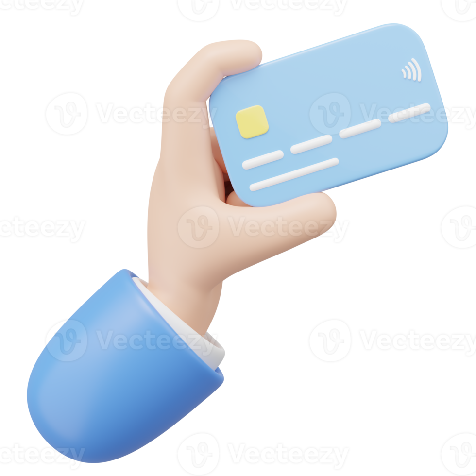3D Hand holding Credit card and floating isolated on transparent. Online store credit card or debit cards accept. Withdraw money, Easy shopping, Cashless society concept. Cartoon minimal 3d render png