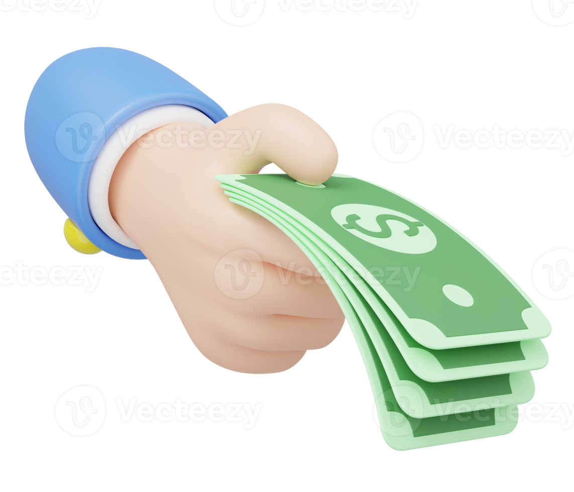 Payment icon for shopping online. 3D Hand holding banknote. Cartoon businessman wear blue suit hold money floating isolated on transparent. E commerce, withdraw money concept. 3d minimal render. png