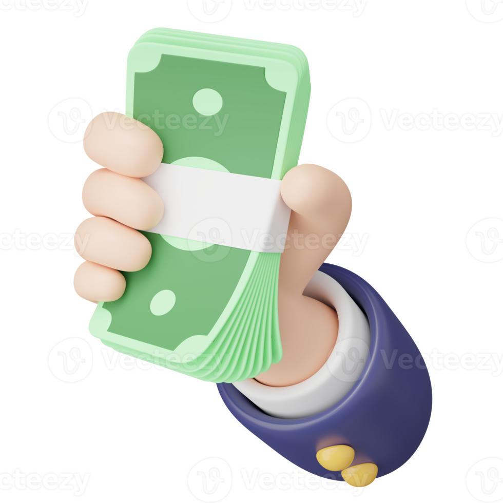 3D Hand holding bundle banknote icon. Cartoon businessman wearing suit hold cash money floating isolated on transparent. Money saving, shopping online payment concept. 3d Cartoon minimal render png