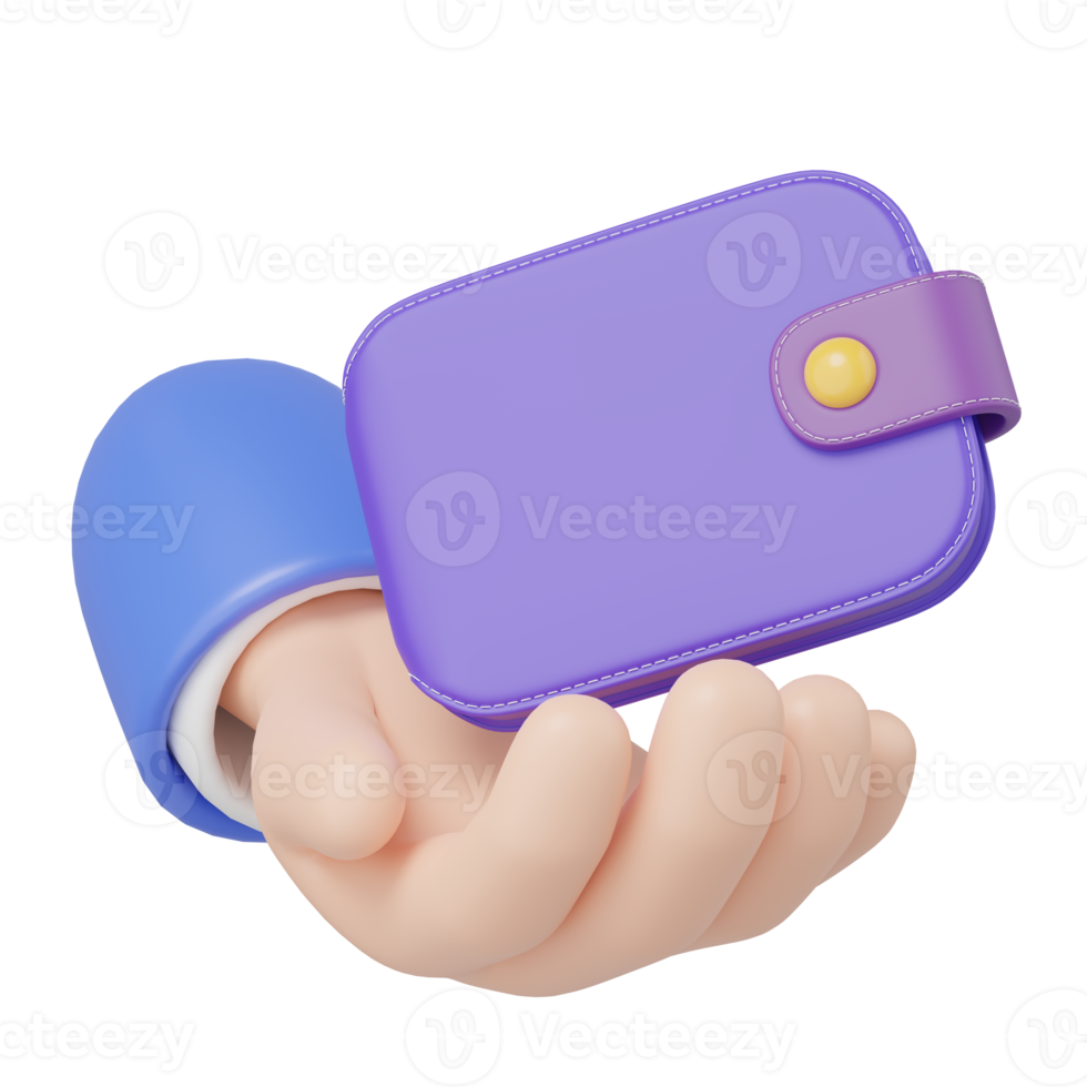 3D Wallet floating in hand isolated on transparent. Business man holding purple purse icon. Mobile banking, online service, cashback, refund, loan concept. Saving money wealth. Cartoon 3d render. png