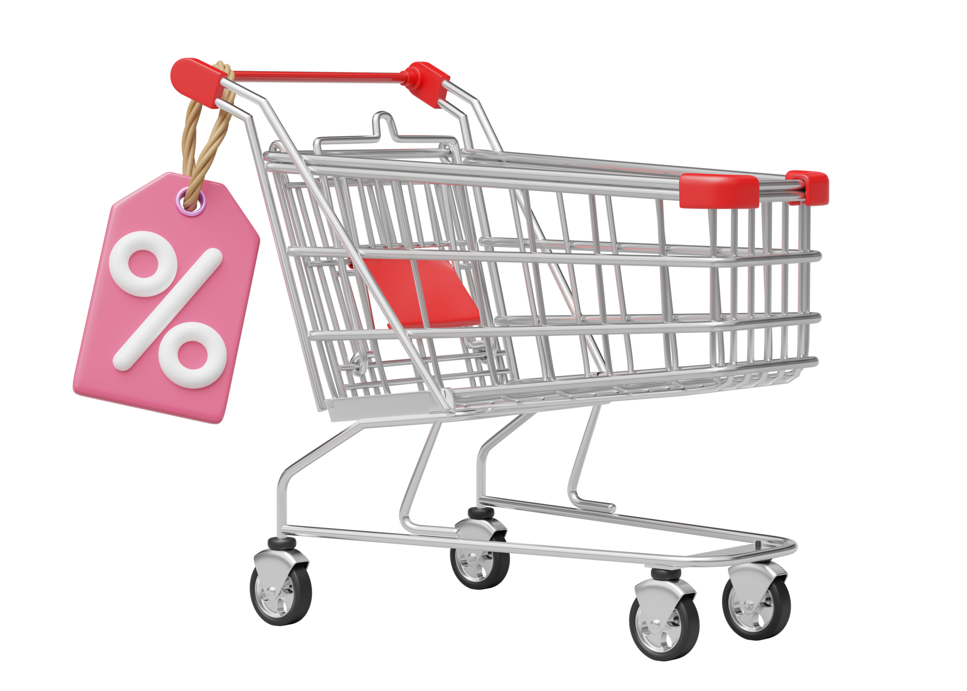 Shopping cart, special offer icon. 3D White Shop trolley with percent