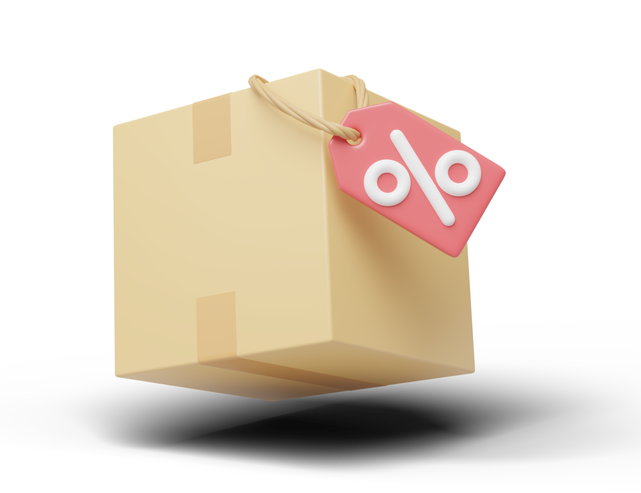 Fast delivery special offer icon. Brown box with percent discount tag floating on transparent. Digital marketing online, E commerce, shipping app concept. Business cartoon style concept. 3d render png