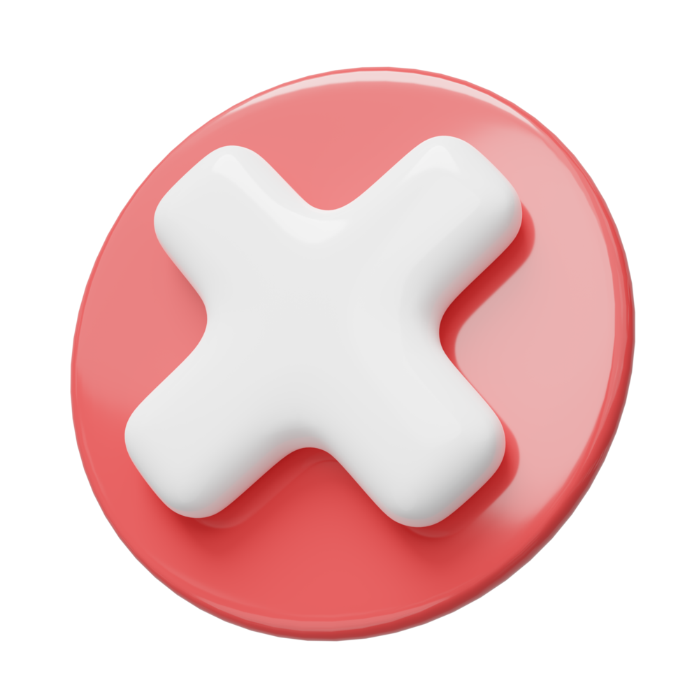 3D Realistic cross check mark button icon. Red circle with white cancel tick floating on transparent. Symbol no, wrong, negative, decline, danger concept. Cartoon icon minimal style. 3d rendering. png