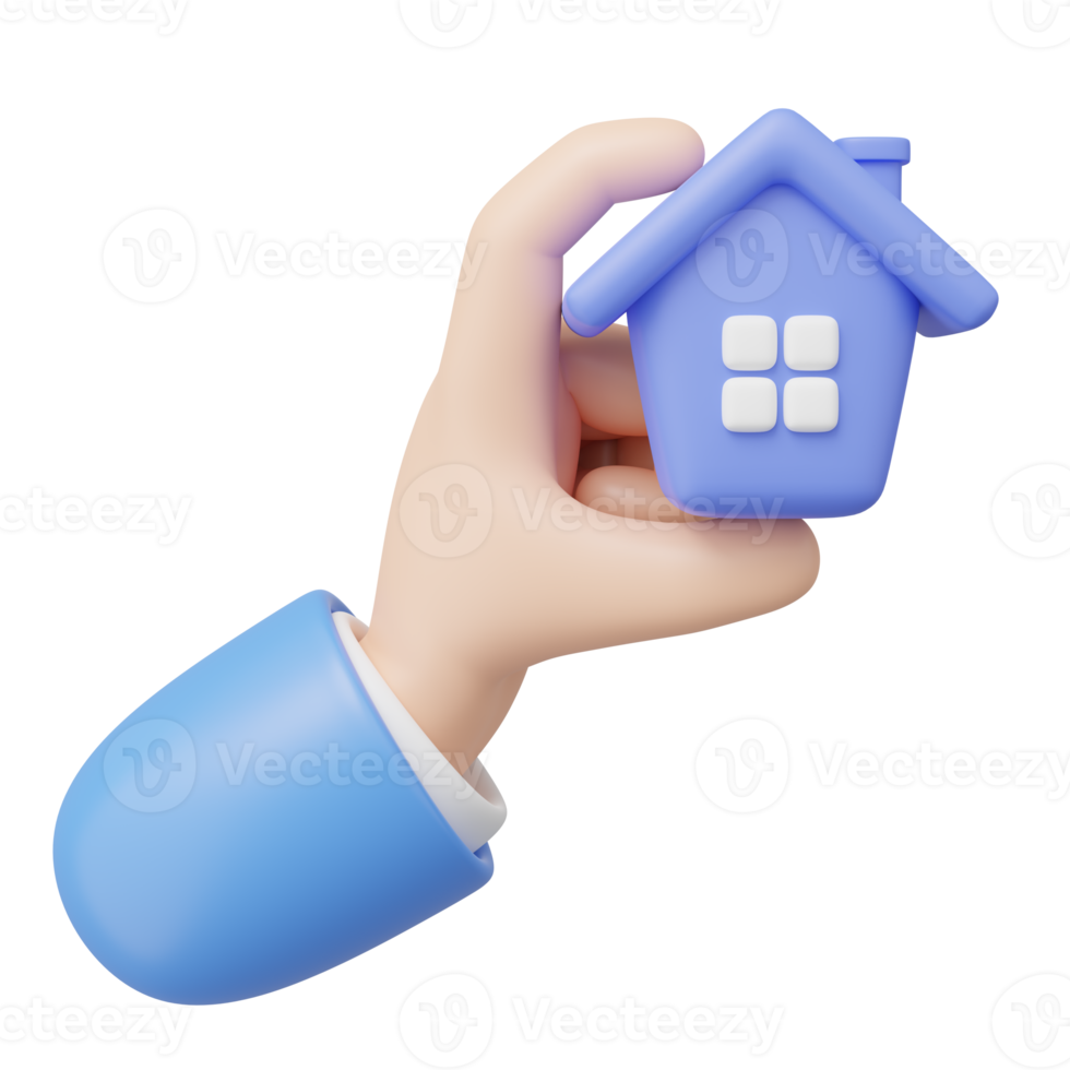 Cute House icon in hand floating isolated on transparent. 3D Hand hold home. Investment, real estate, mortgage, offer of purchase house, loan concept. Mockup Cartoon minimal icon. 3d rendering. png