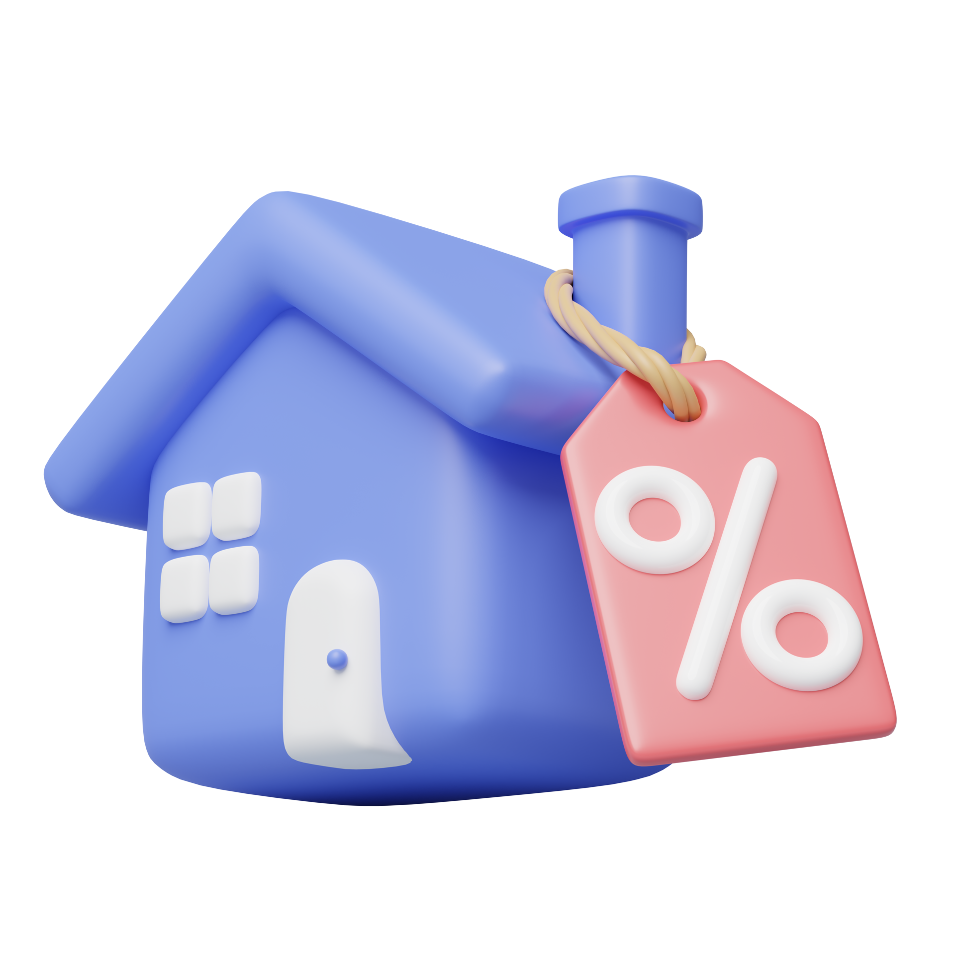 3d house sale icon. Cute blue home with percent discount tag floating