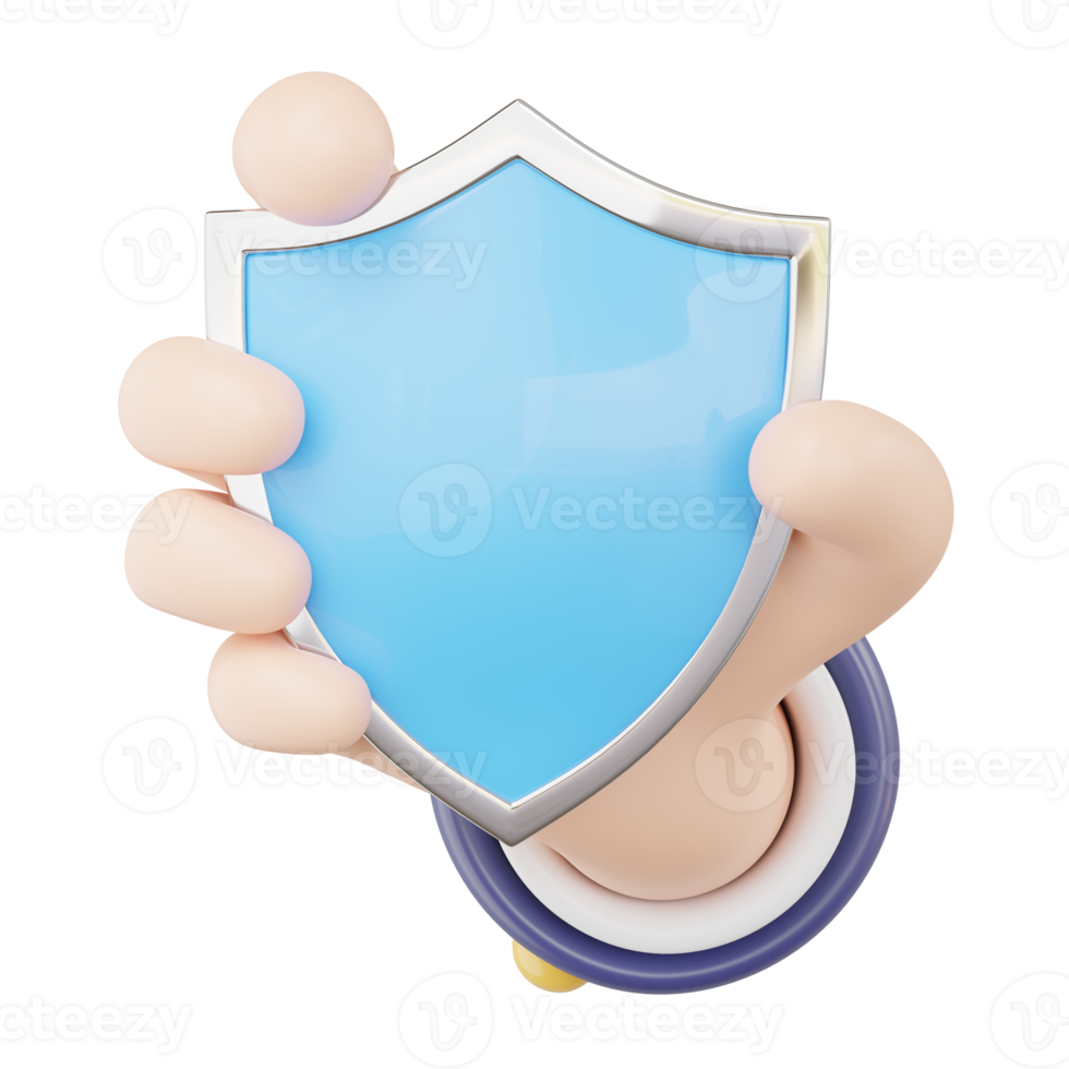 3d Data security protection icon. Businessman hand holding shield floating on transparent. Protect business data network security computer concept. Cartoon minimal style. 3d render illustration. png
