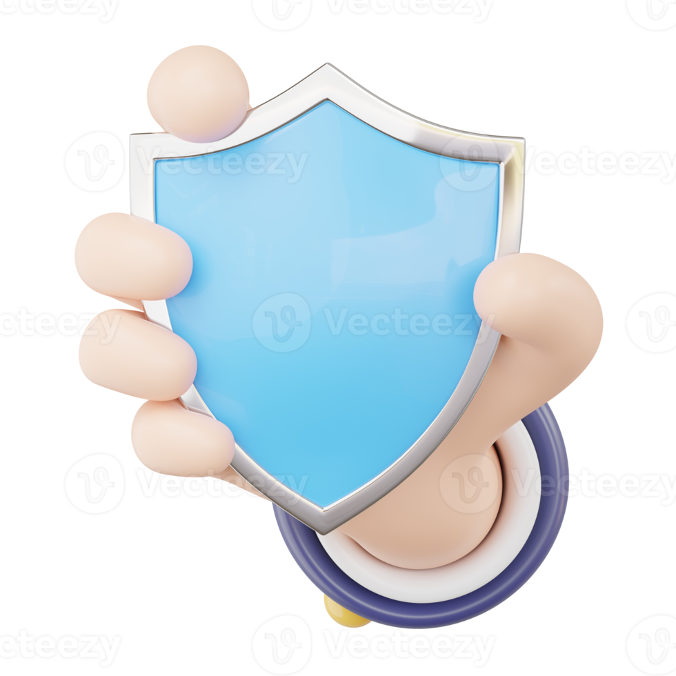 3d Data security protection icon. Businessman hand holding shield floating on transparent. Protect business data network security computer concept. Cartoon minimal style. 3d render illustration. png