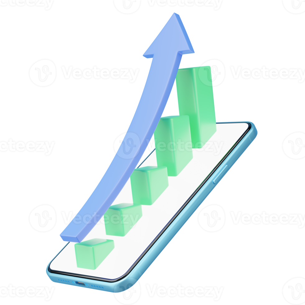 Wachstum des grünen Geschäftsdiagramms mit höherem Pfeil auf dem Smartphone-Bildschirm auf transparent. Handel mit Finanzanlagen. Erhöhung der chartpositiven Indikatoren. Bankeinzahlung im Mobile Banking. 3D-Rendering. png