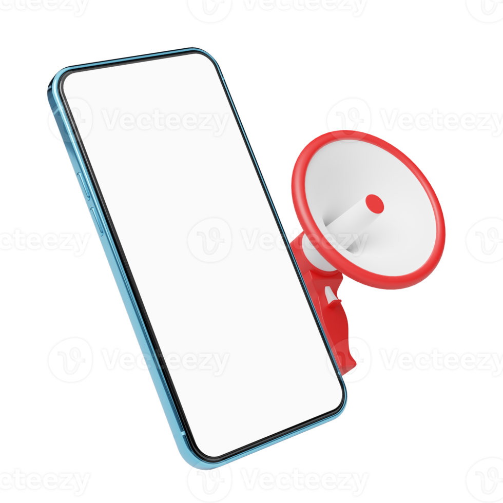 3d Phone with red megaphone floating on transparent. Mobile banking payment, Market online, e commerce, Sale promotion concept. Phone with blank white screen. Business cartoon minimal. 3d render. png
