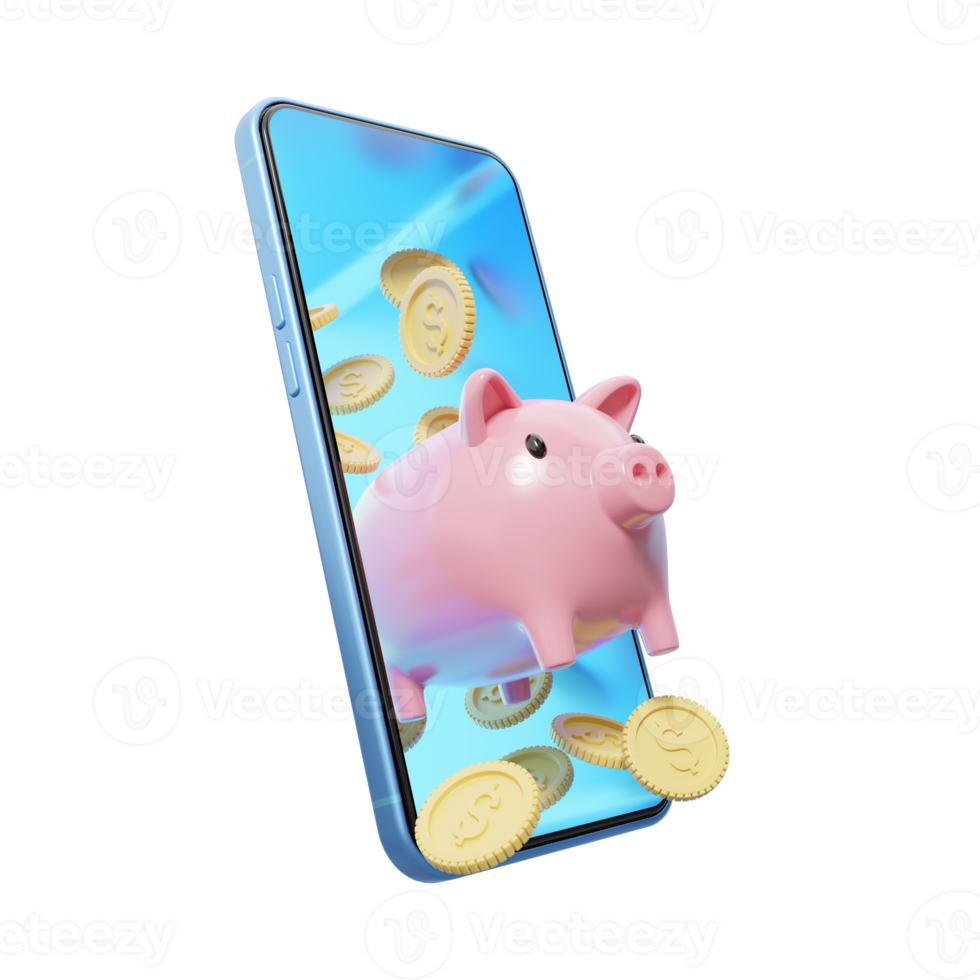 coin, piggy bank flew out of phone on transparent. Mobile banking and Online payment service. Saving money wealth and business financial concept. Smartphone money transfer online. 3d render. png