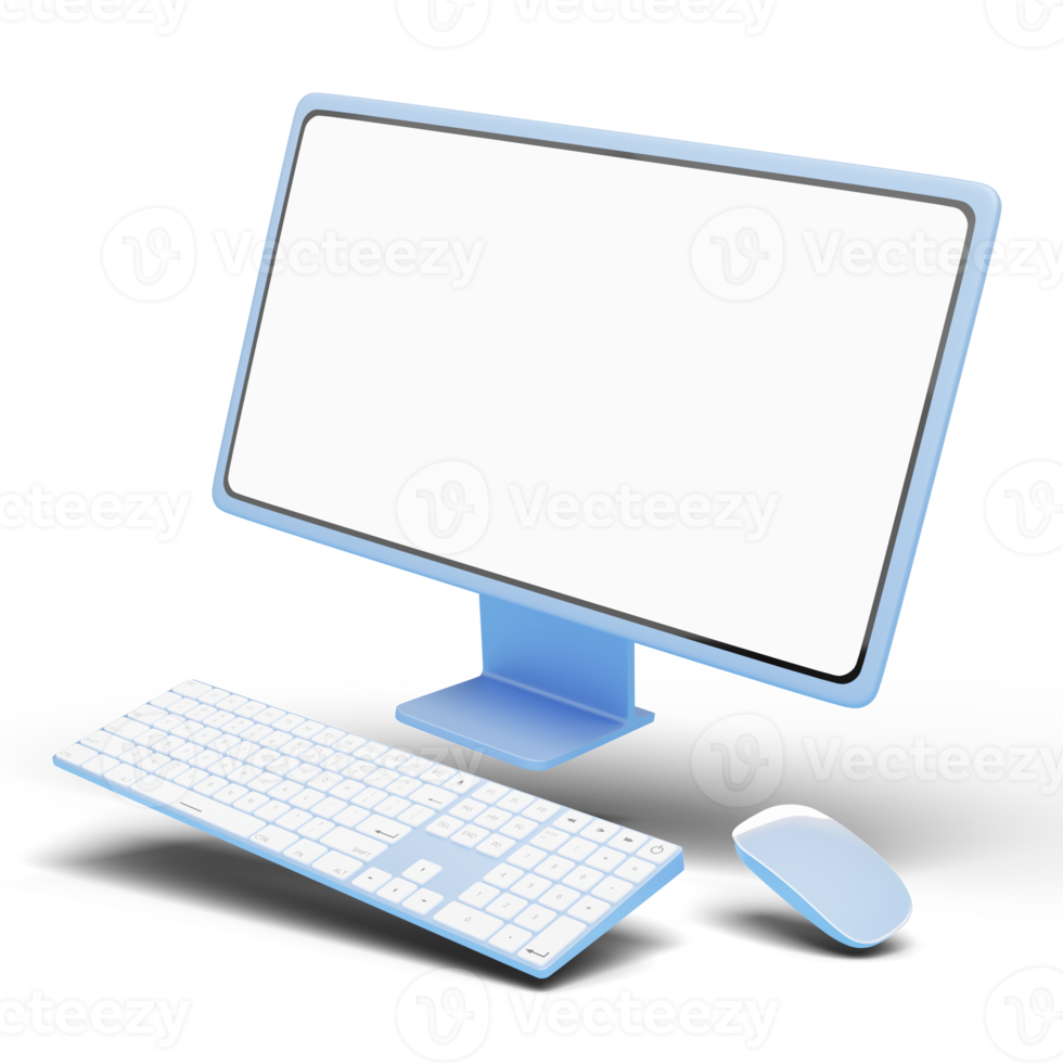 3d computer monitor, draadloze muis, toetsenbord vlotter Aan transparant. sociaal media afzet online, e handel, website digitaal op te slaan, winkel app concept. bureaublad mockup blanco wit scherm. 3d geven png