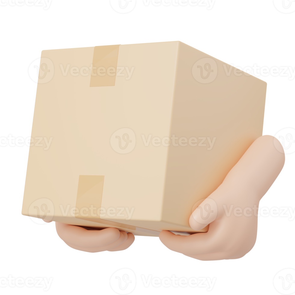 3d Hand holding brown cardboard box and floating on transparent. Deliver products to customers safely. Market online, Fast delivery, Express shipping concept. Cartoon icon style. 3d render. png
