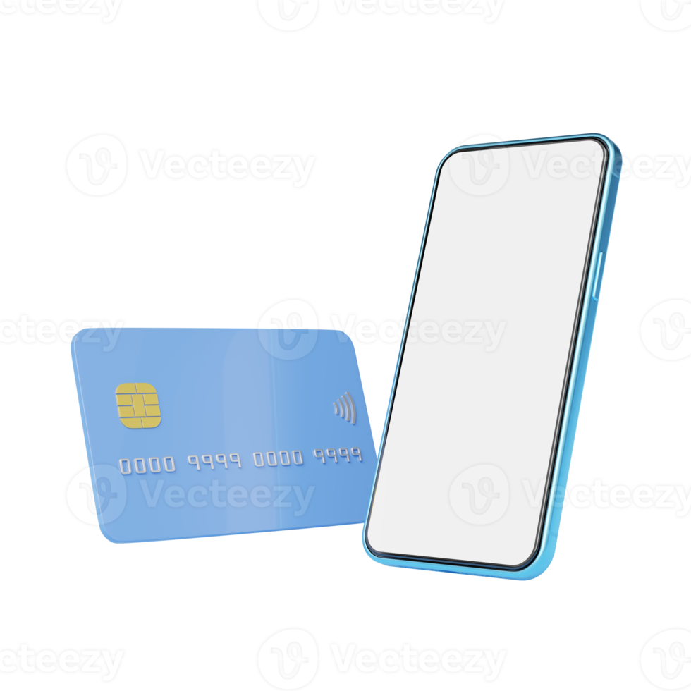 Phone with credit card floating on transparent. Mobile banking and Online payment service. Saving money wealth and business financial concept. Smartphone money transfer online. 3d render. png