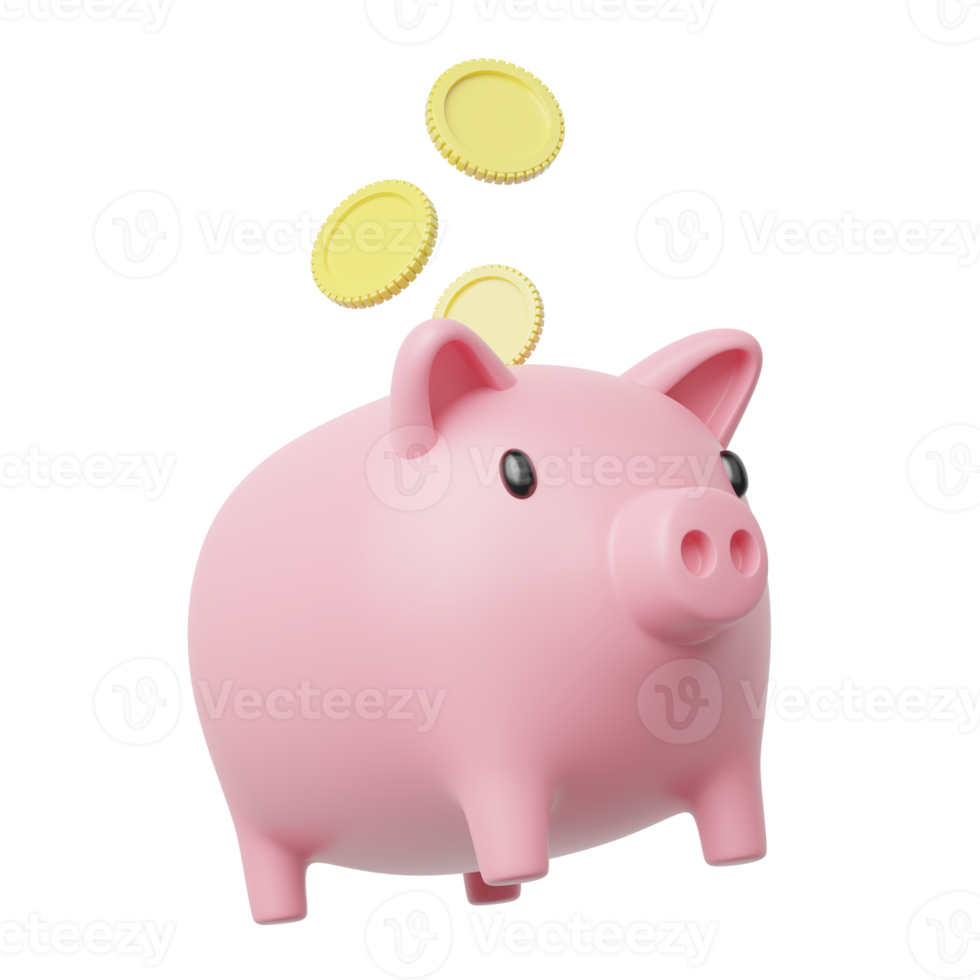 Gold coin spread into pink piggy bank float on transparent. Mobile banking and Online payment service. Save dollar in money box. Saving money wealth. Business cartoon style concept. 3d icon render png