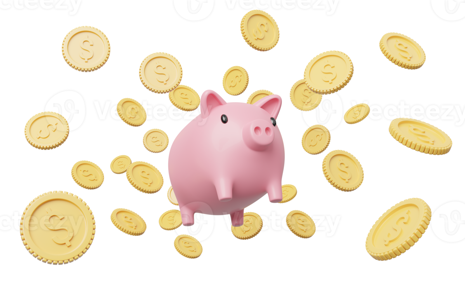 Gold coin spread flew out of pink piggy bank float on transparent. Mobile banking and Online payment service. Save dollar coin in money box. Saving money and business financial concept. 3d render. png