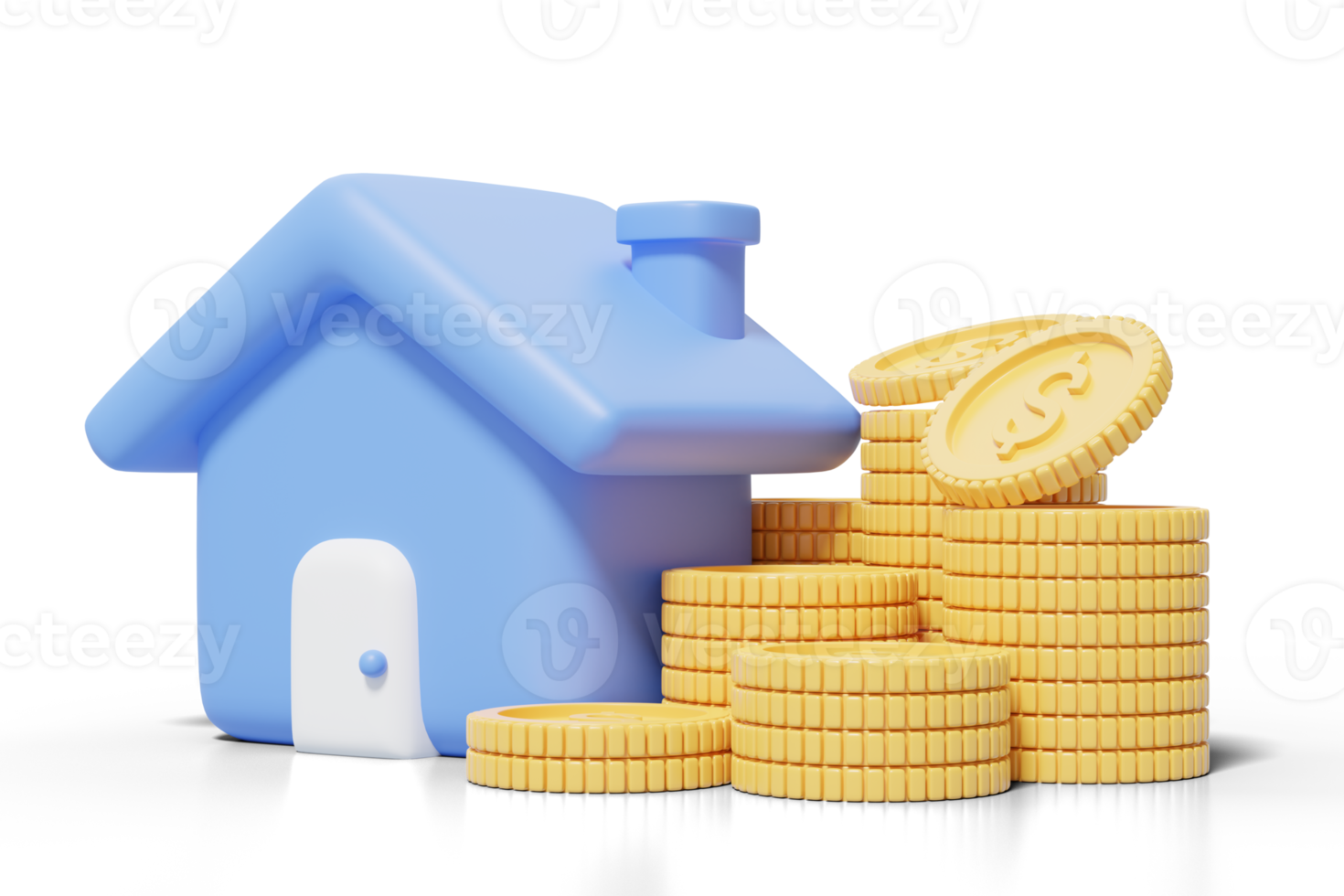 3d Gold coins falling into stack and blue house on transparent. Home model with windows, door icon. Financial investment growth concept. Mockup cartoon icon minimal style. 3d render illustration. png