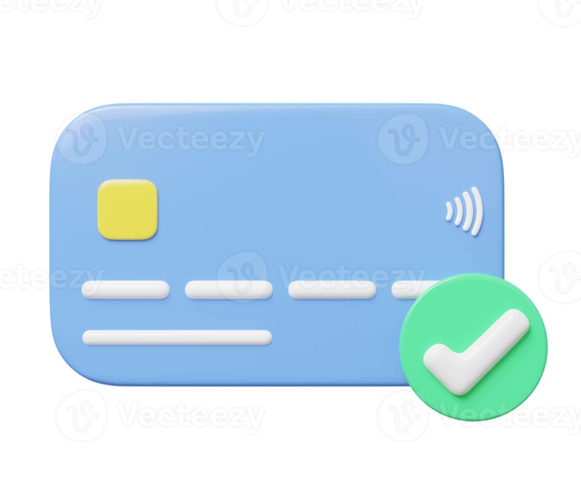 Maquete de cartão de crédito de ícone 3D flutuando com pagamento aprovado isolado em transparente. Banco móvel. serviço de pagamento on-line. marketing digital. banco aceita cheque cartão de crédito. renderização mínima dos desenhos animados. png