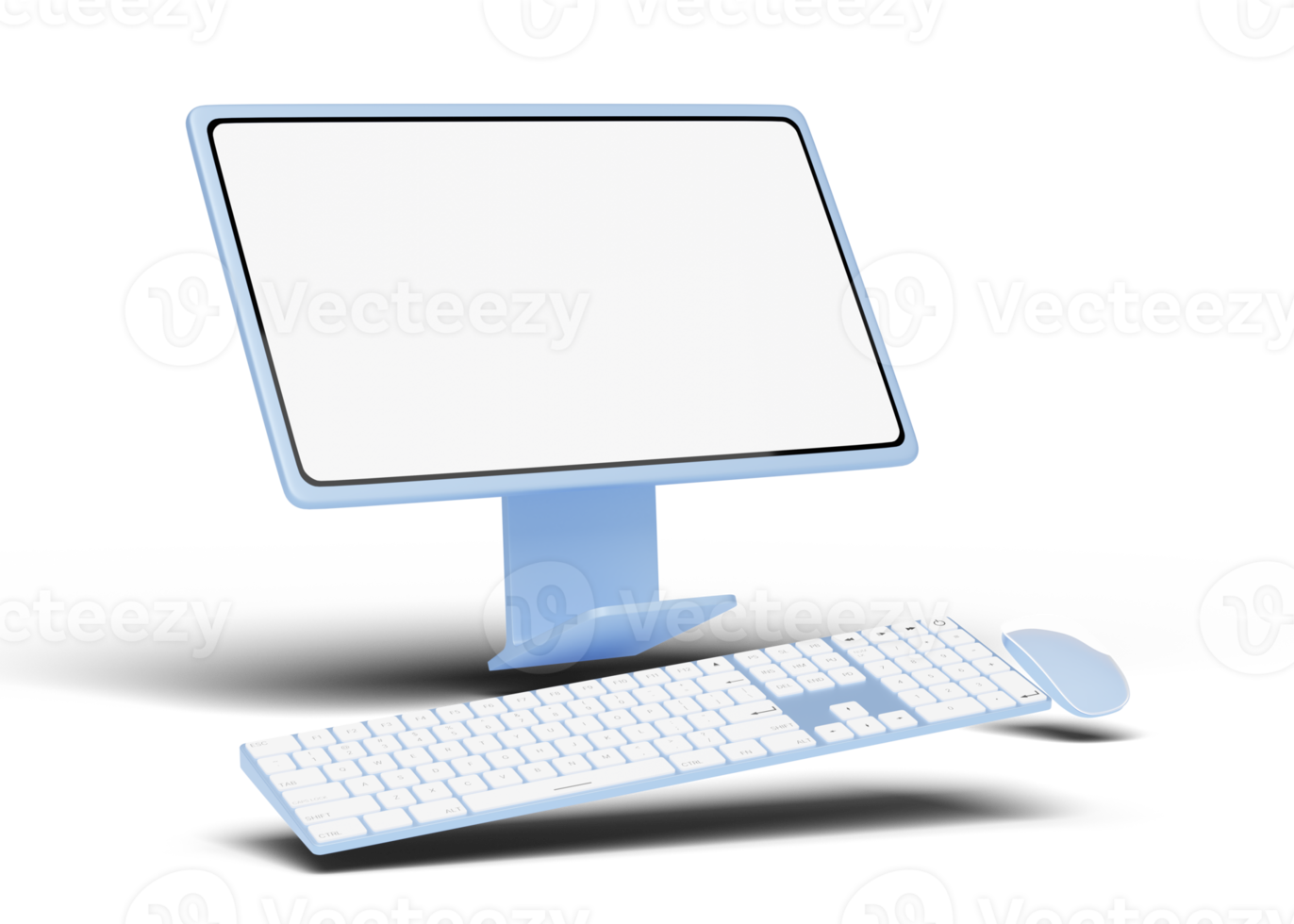 computermonitor mit drahtloser maus, tastatur schweben auf transparent. Social-Media-Marketing online, E-Commerce, Website-Digitalshop, Shop-App-Konzept. Desktop leerer weißer Bildschirm. 3D-Rendering. png