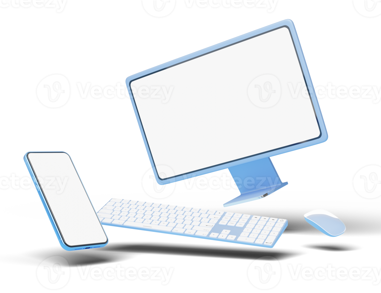 dator övervaka med trådlös mus, tangentbord, telefon flyta på transparent. social media marknadsföring uppkopplad, e handel, digital Lagra, affär app begrepp. skrivbordet tom vit skärm. 3d framställa. png