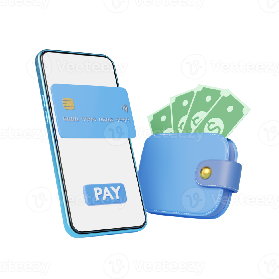 Phone with credit card, wallet, bank floating on transparent. Mobile banking and Online payment service. Saving money wealth,  business financial concept. Smartphone transfer online. 3d render. png